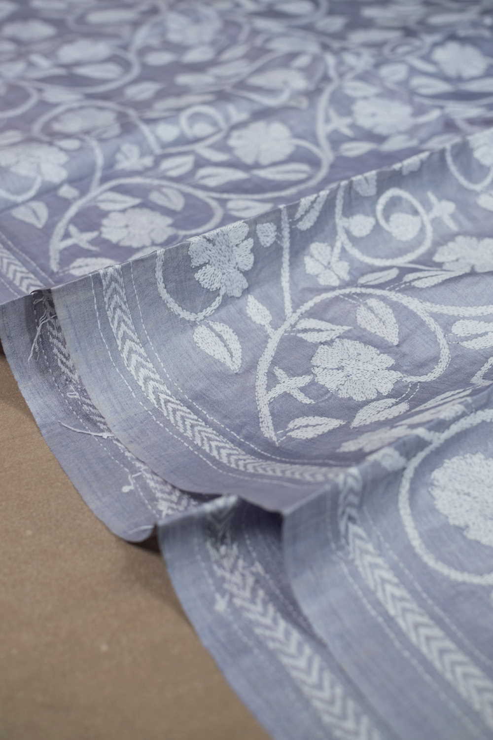 Cream with Grey Floral Kantha Silk Dupatta - Image 3