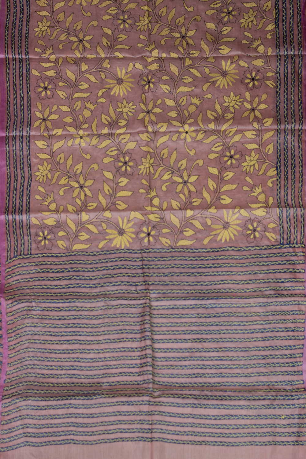 Yellow Floral Kantha Silk Dupatta - Image 3