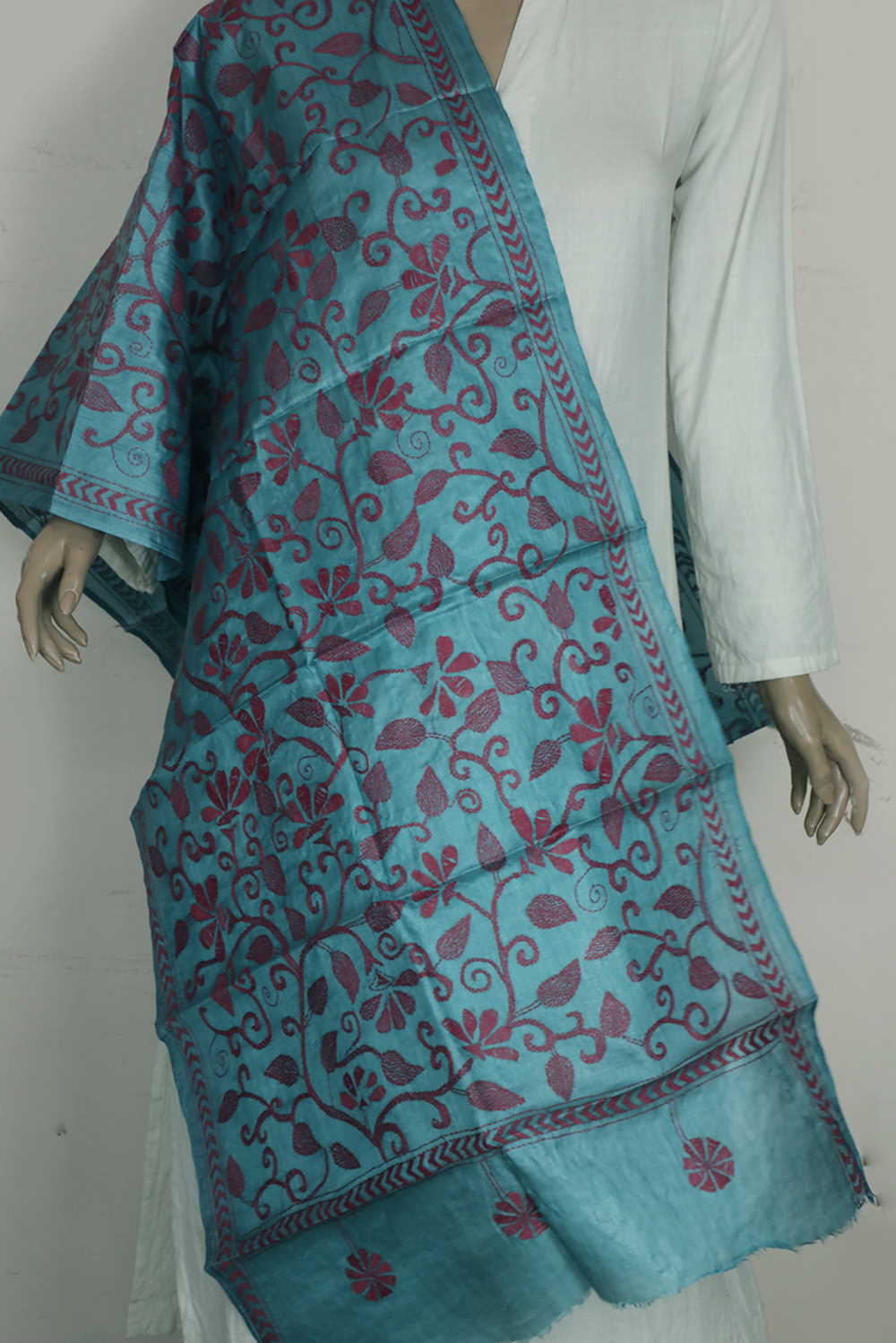 Blue with Florals Kantha Silk Stole - Image 2