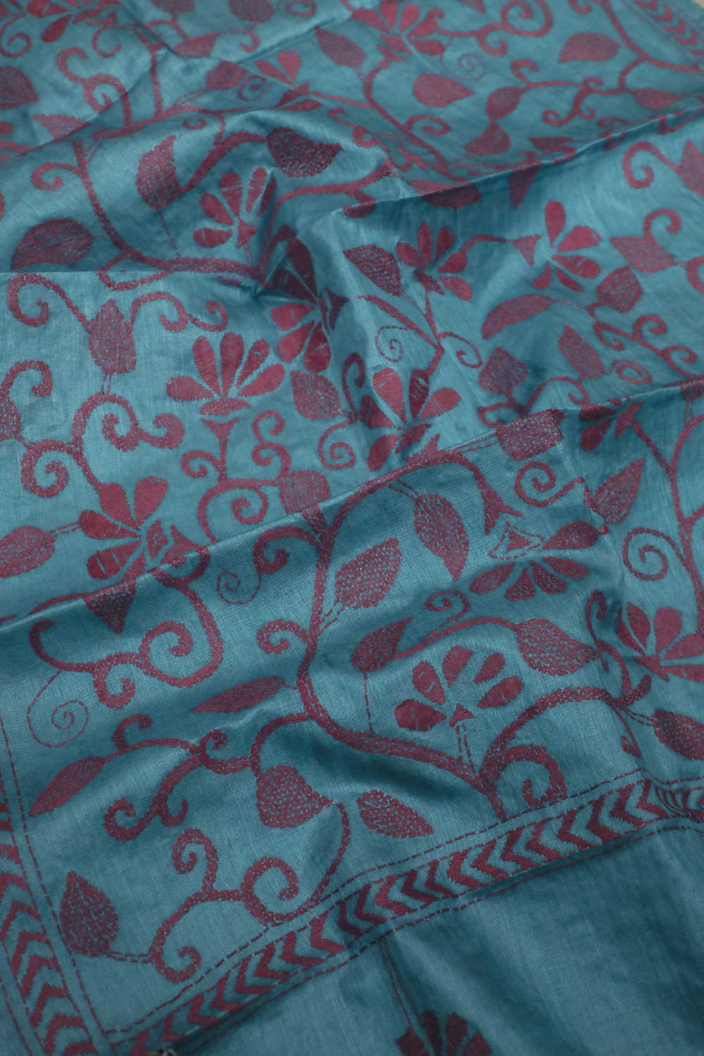 Blue with Florals Kantha Silk Stole - Image 3