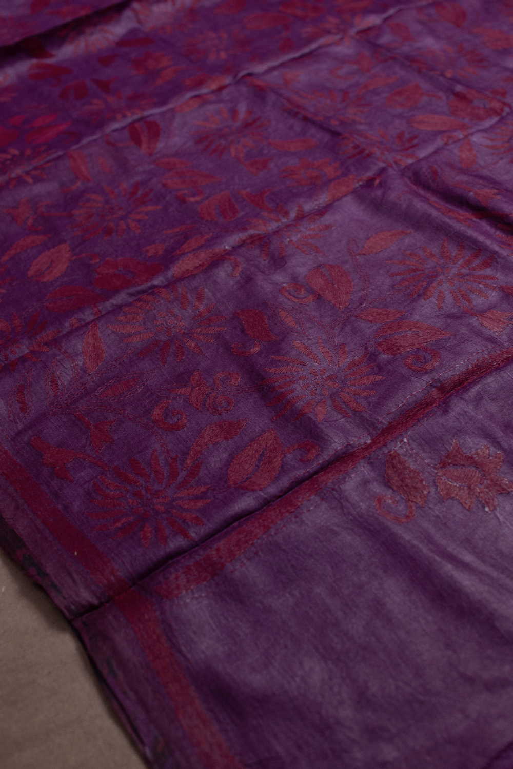 Pink with Maroon Floral Kantha Tussar Dupatta - Image 3