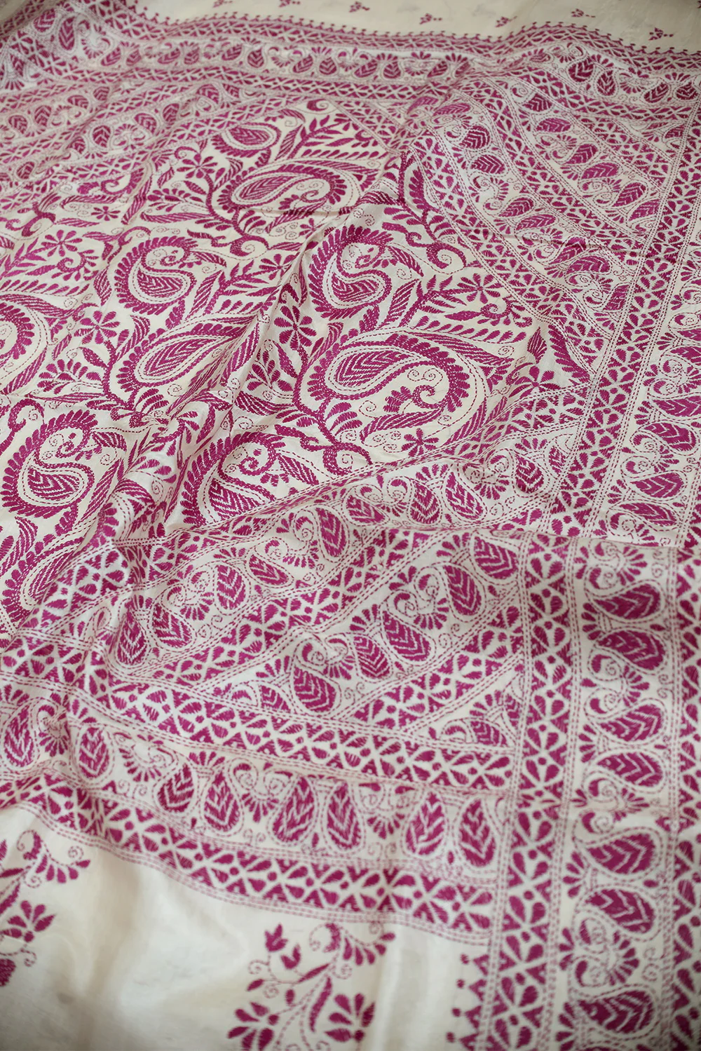 Pink Motifs on Cream Kantha Tussar Saree - Image 3