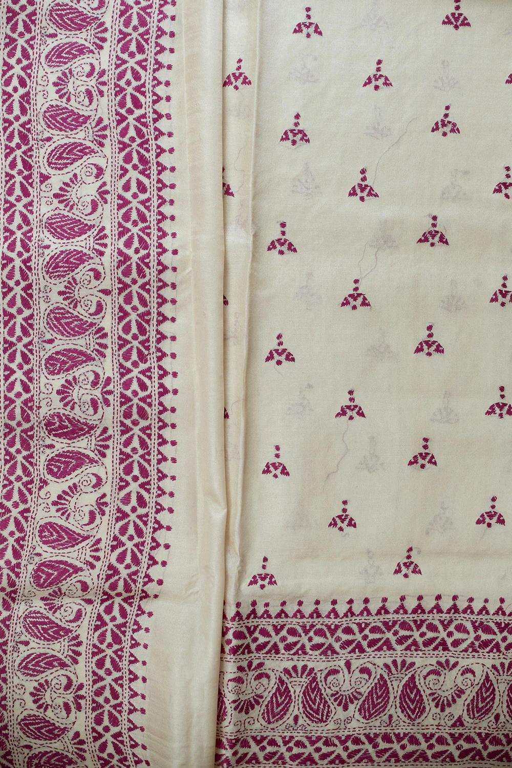 Pink Motifs on Cream Kantha Tussar Saree - Image 4