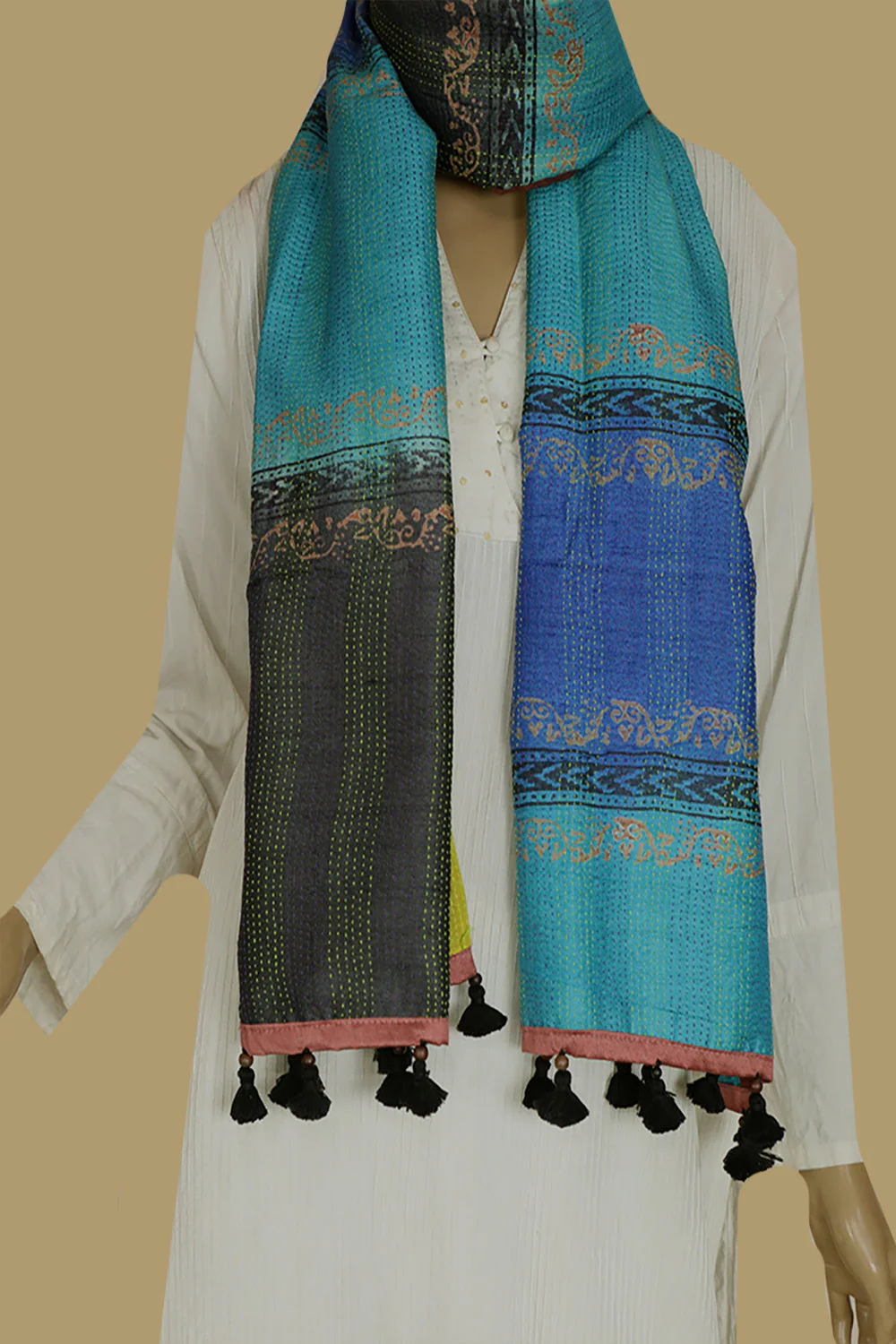 Shades of Blue with Yellow Reversible Kantha Work Silk Stole