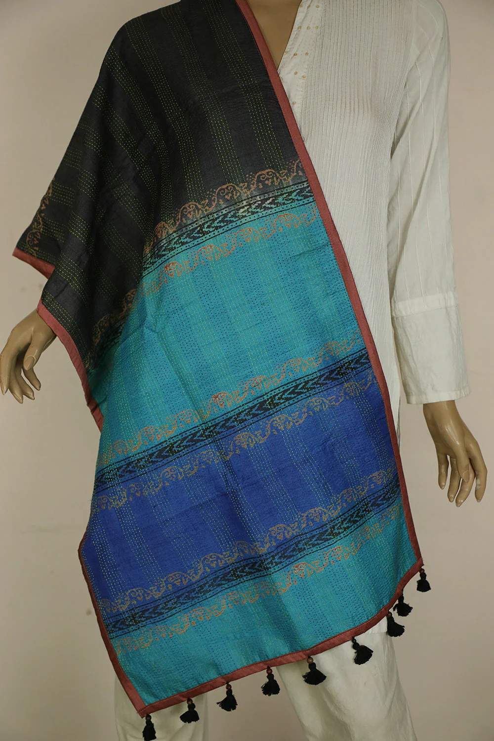 Shades of Blue with Yellow Reversible Kantha Work Silk Stole - Image 2