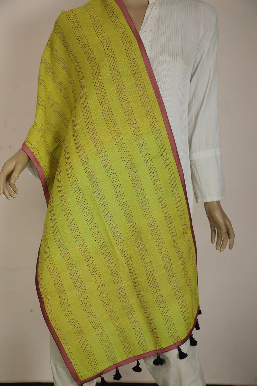 Shades of Blue with Yellow Reversible Kantha Work Silk Stole - Image 3