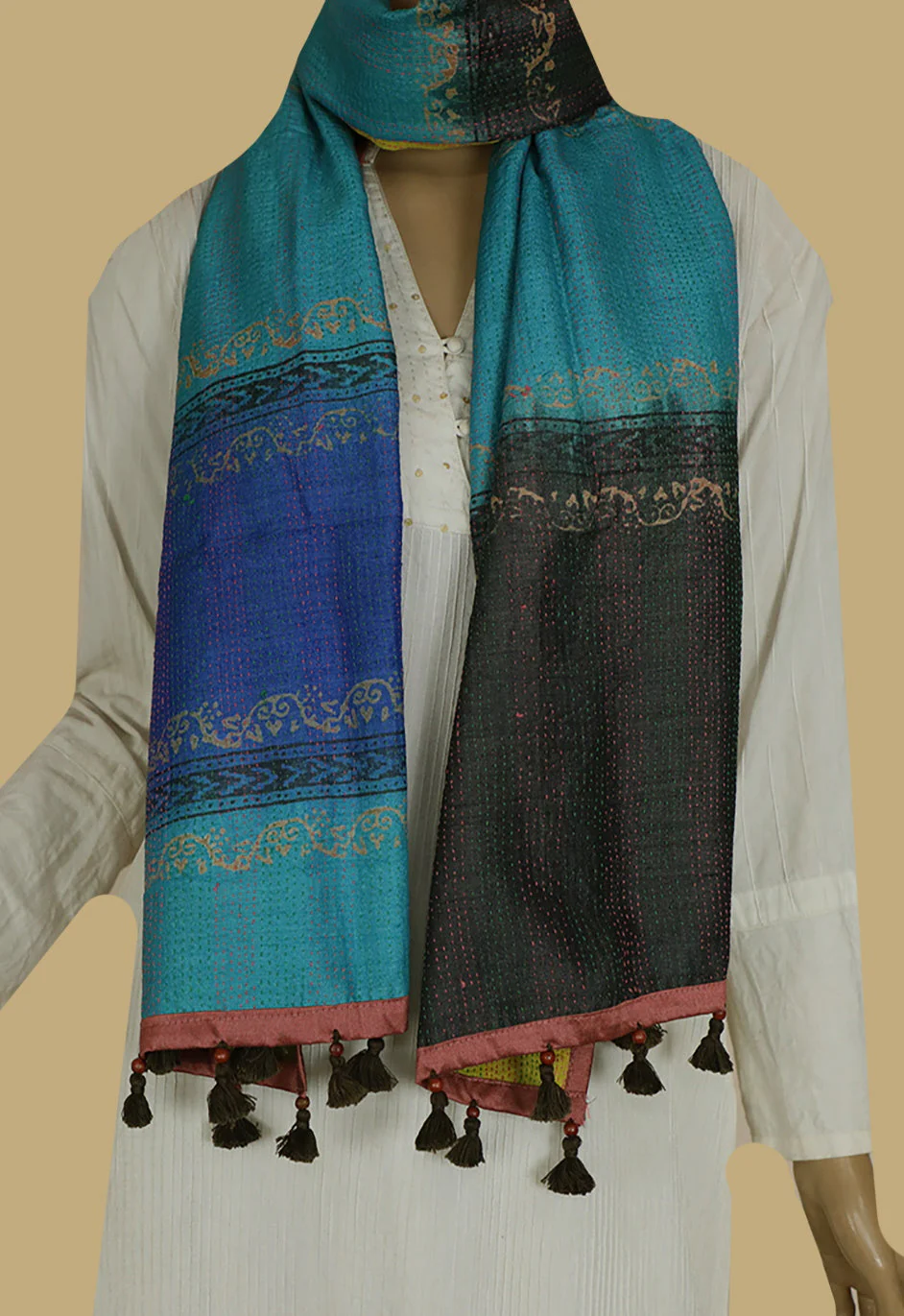 Blue with Yellow & Grey Reversible Kantha Work Silk Stole