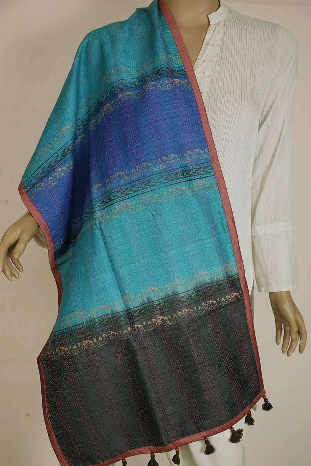 Blue with Yellow & Grey Reversible Kantha Work Silk Stole - Image 2