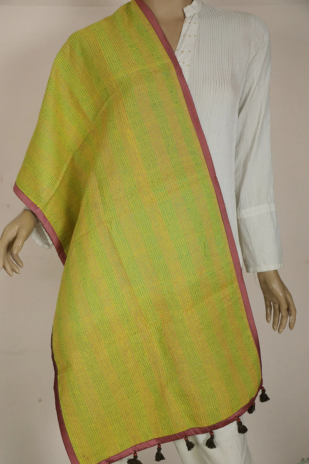 Blue with Yellow & Grey Reversible Kantha Work Silk Stole - Image 3