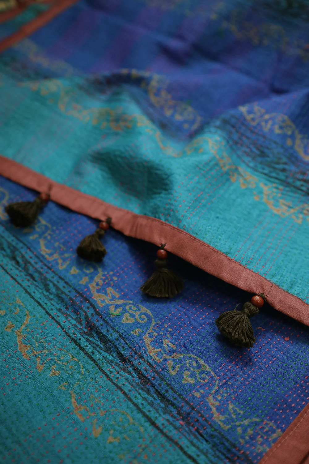 Blue with Yellow & Grey Reversible Kantha Work Silk Stole - Image 4