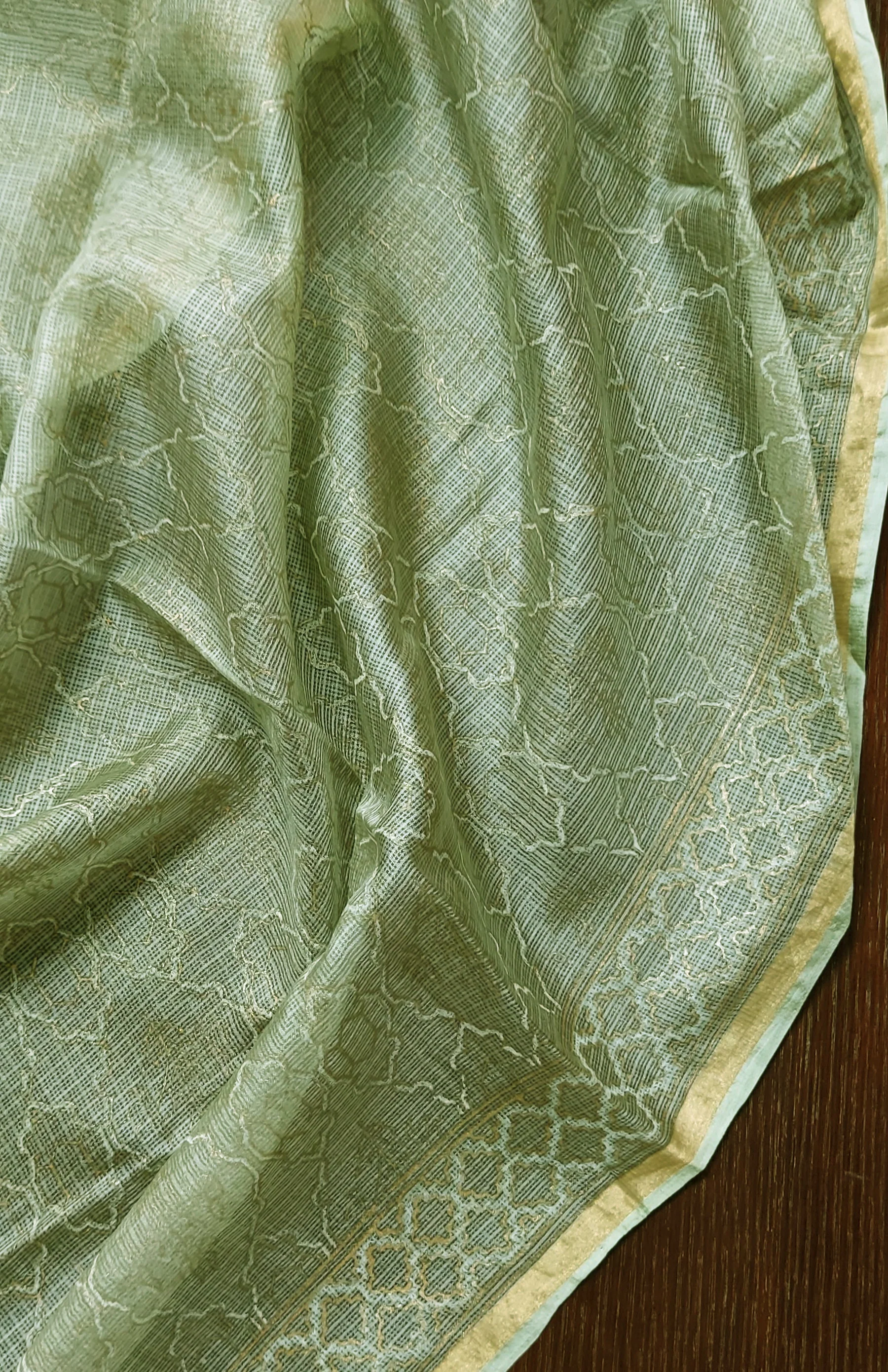 Patterned Baby Green Block Printed Kota Silk Dupatta - Image 3