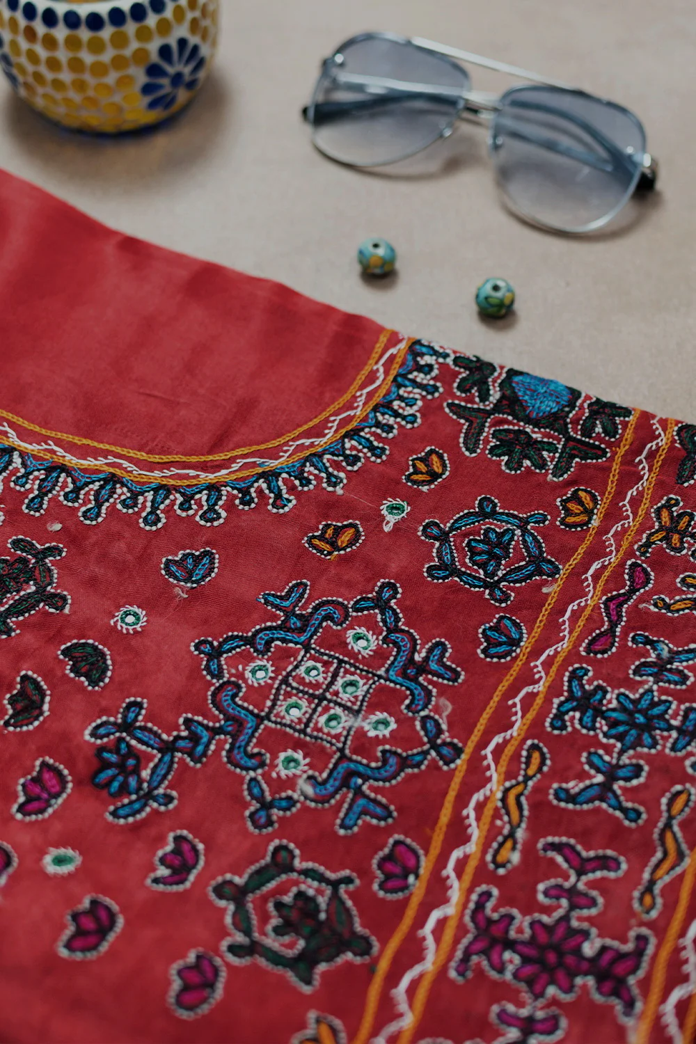 Scarlet Red Kutch Embroidered Mashru Silk Blouse