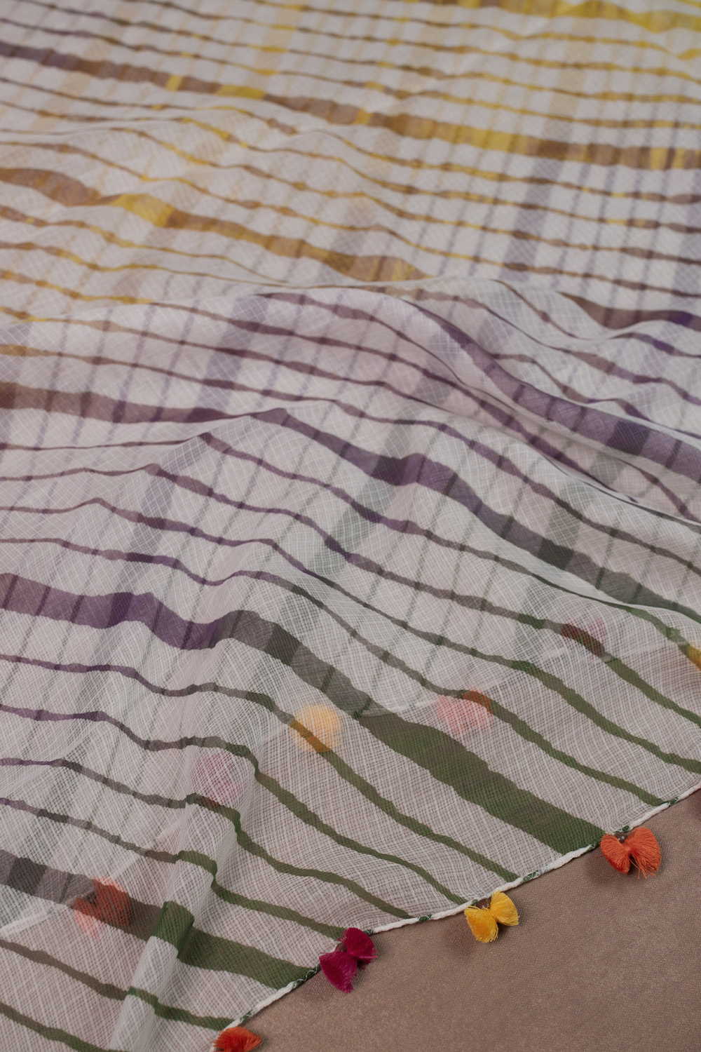 Cream - MultiStripes Leheriya Kota Cotton Dupatta