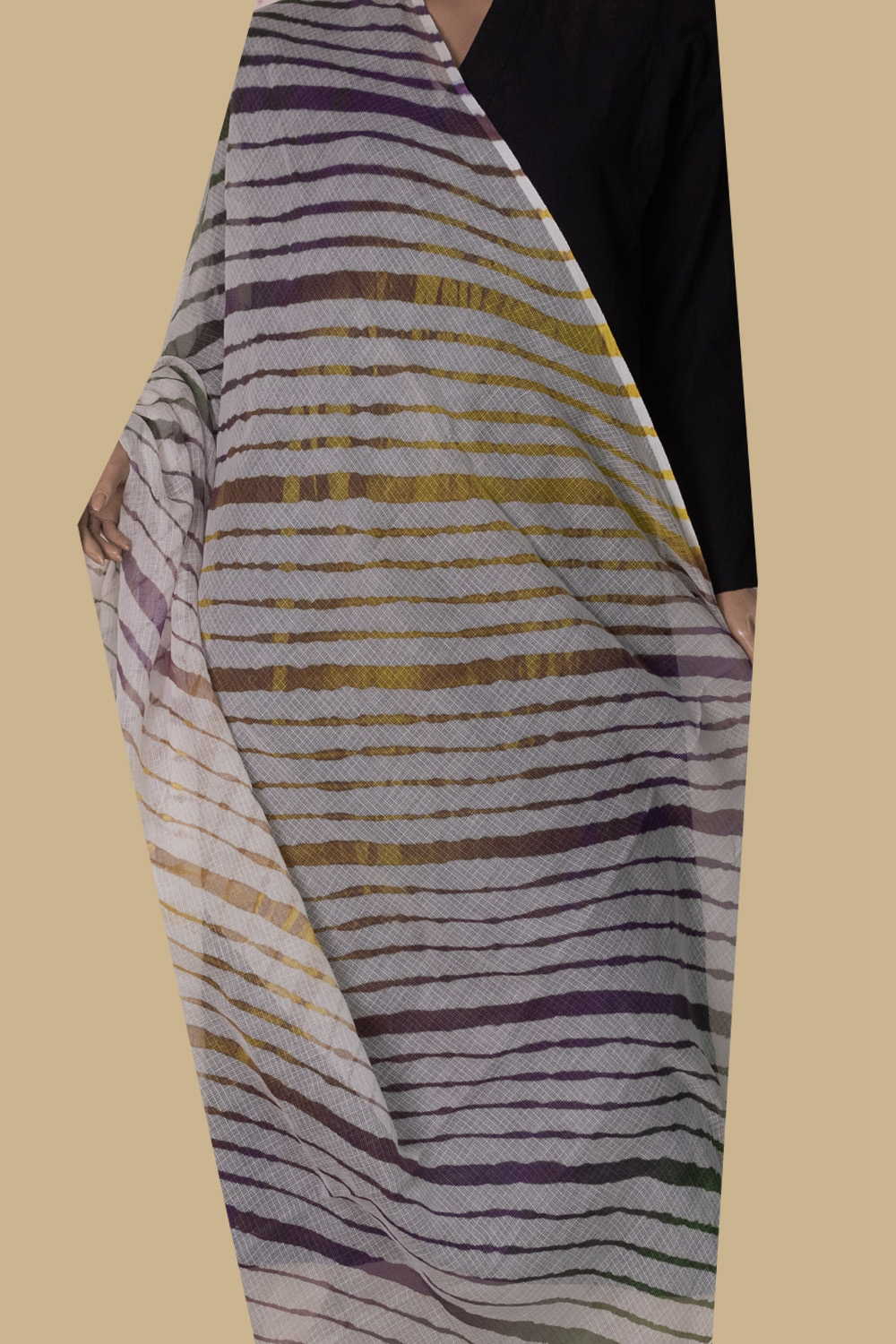 Cream - MultiStripes Leheriya Kota Cotton Dupatta - Image 2
