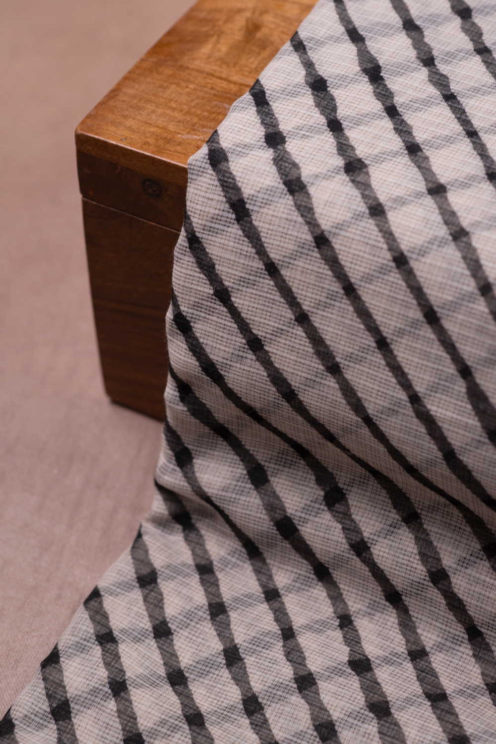 Cream with Black Lines Leheriya Kota Cotton Fabric - Image 2