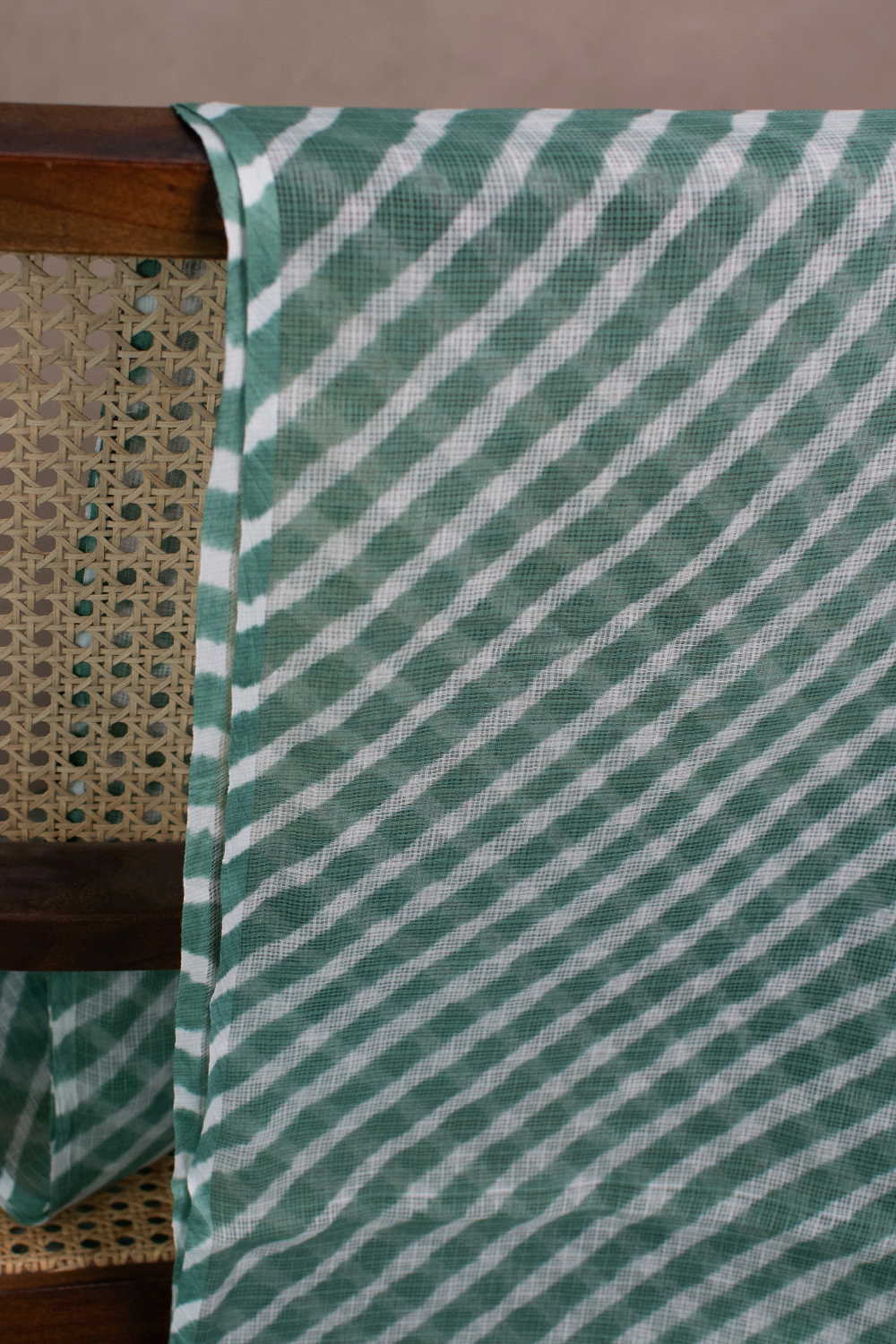 Green with Cream Lines Leheriya Kota Cotton Fabric - Image 5