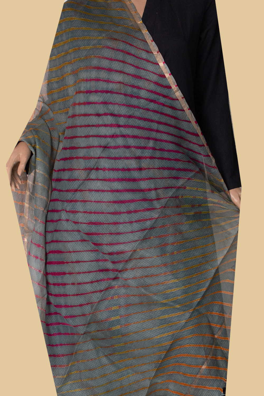 Grey with Multi Lines - Leheriya Kota Silk Dupatta - Image 2
