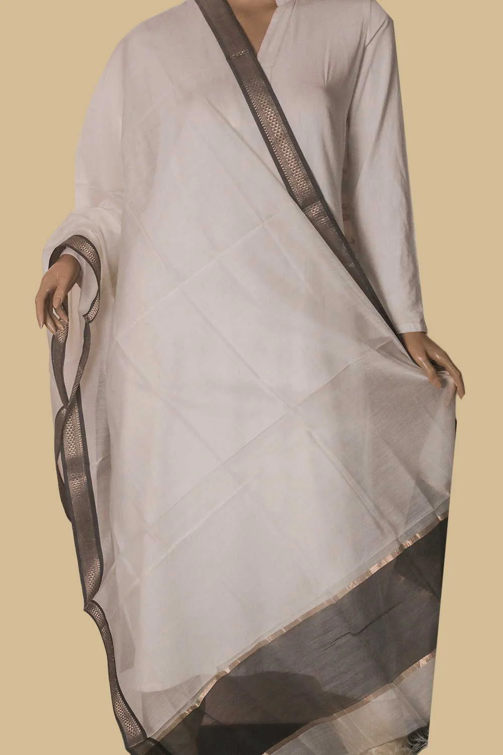 Cream with Grey Border Maheshwari Silk Cotton Dupatta - Image 2