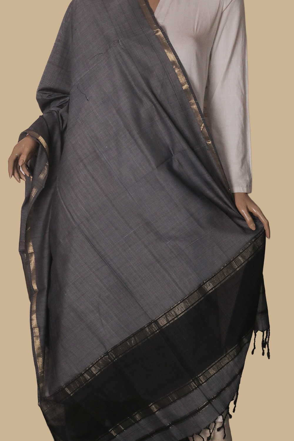Slate Grey Maheshwari Mercerised Cotton Dupatta - Image 2