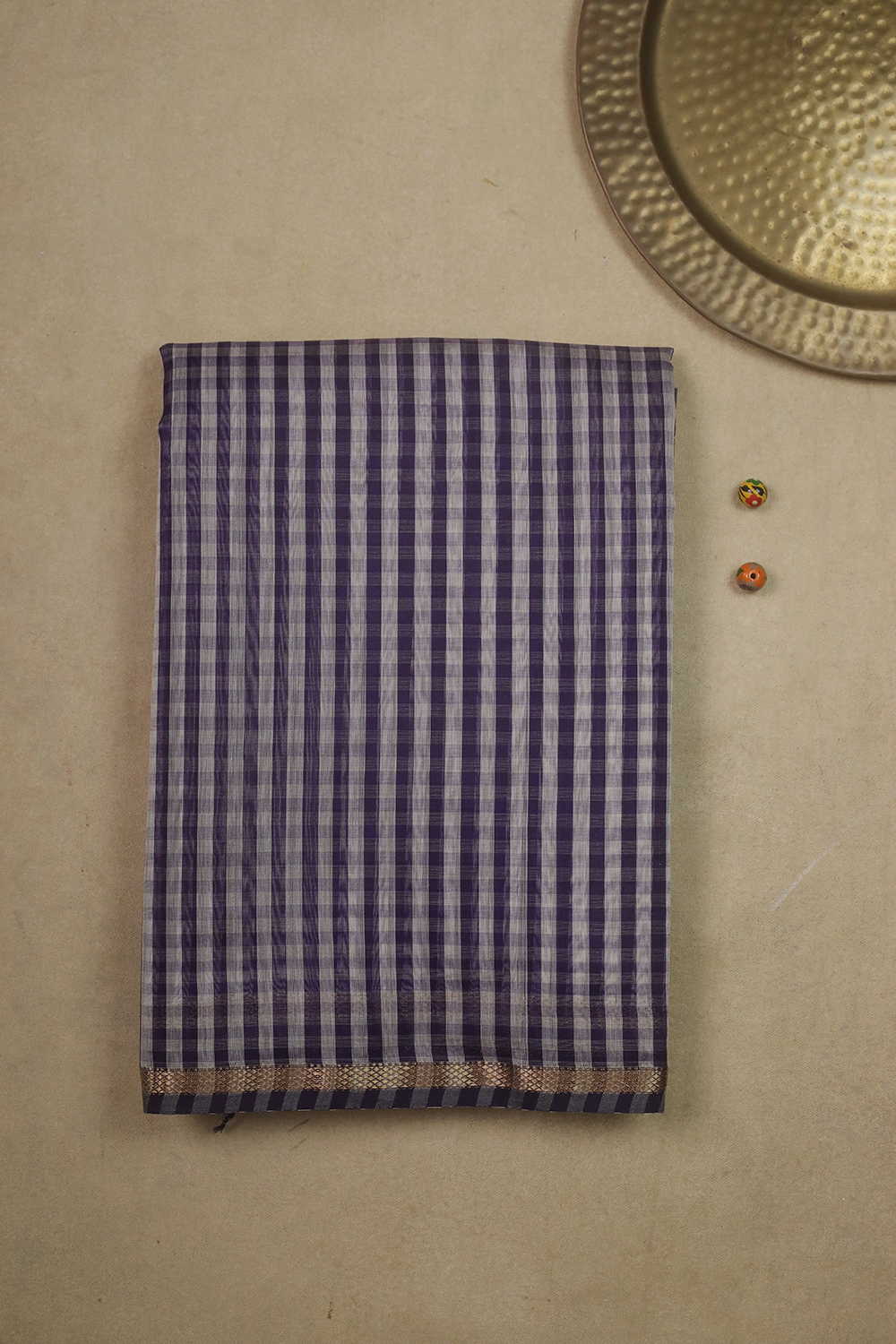 Purple & Cream Checks Maheshwari Silk Cotton saree