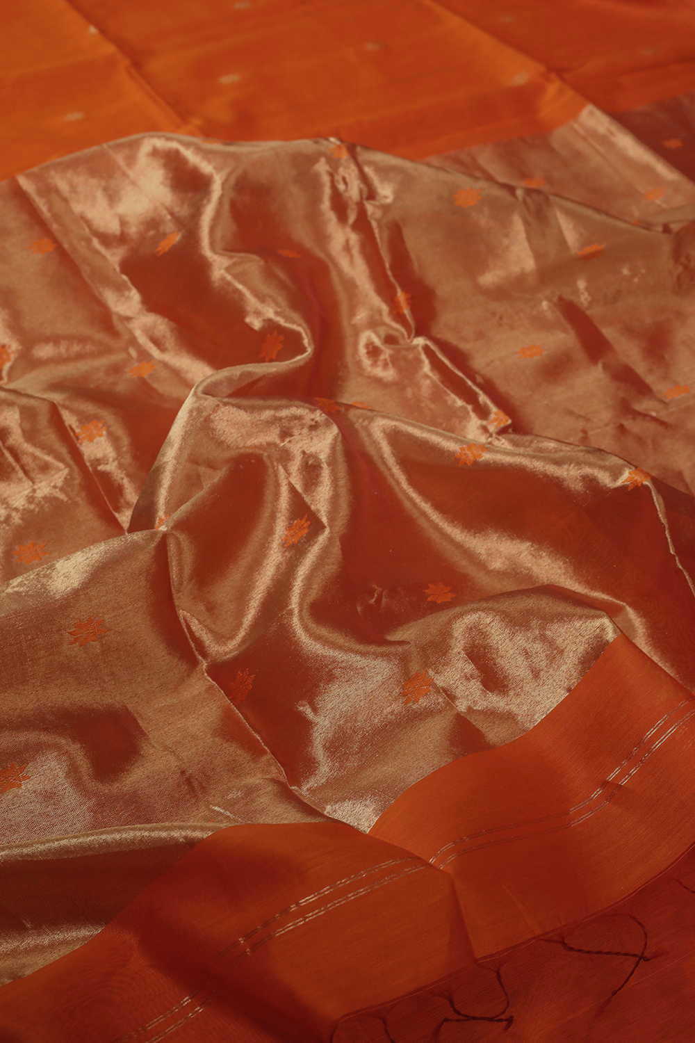 Dark Orange with Zari Butti Maheshwari Silk Cotton saree - Image 3
