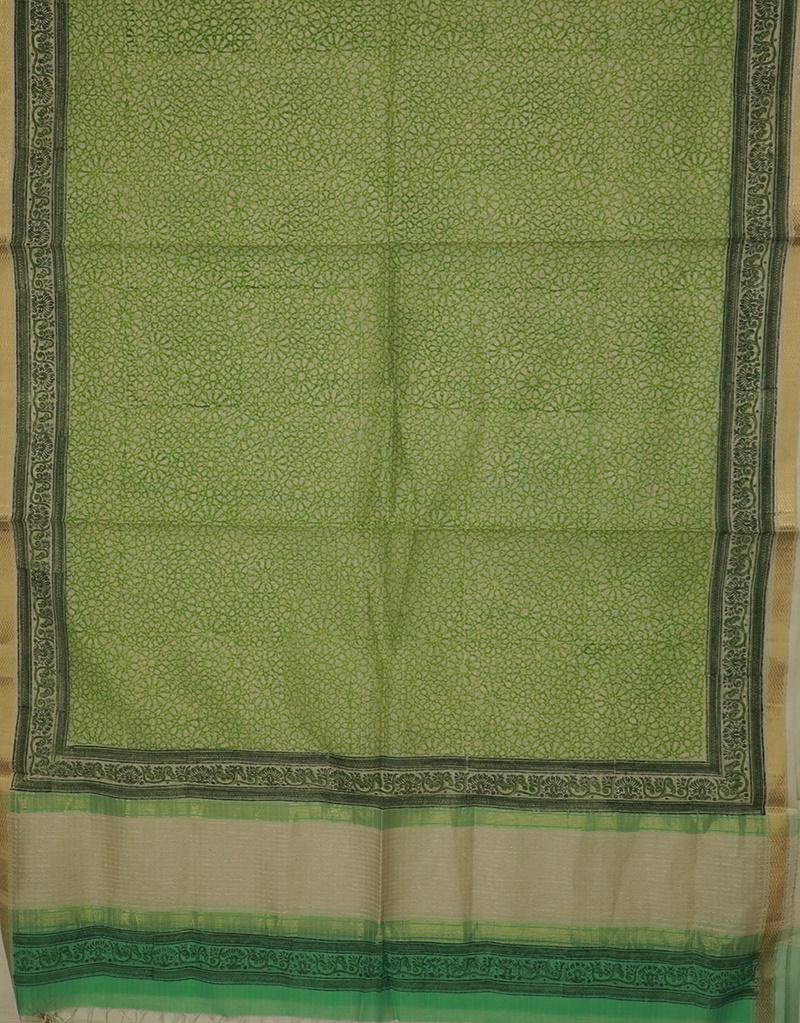 Green textured Stripes Maheshwari Silk Cotton Top & Dupatta - Image 2