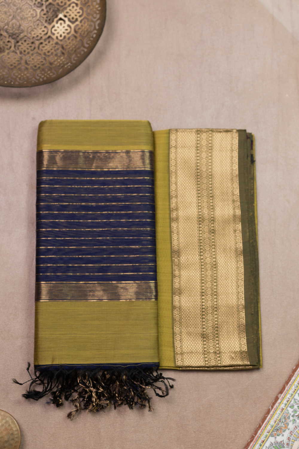 Yellow-Green Maheshwari Silk Cotton Top & Dupatta