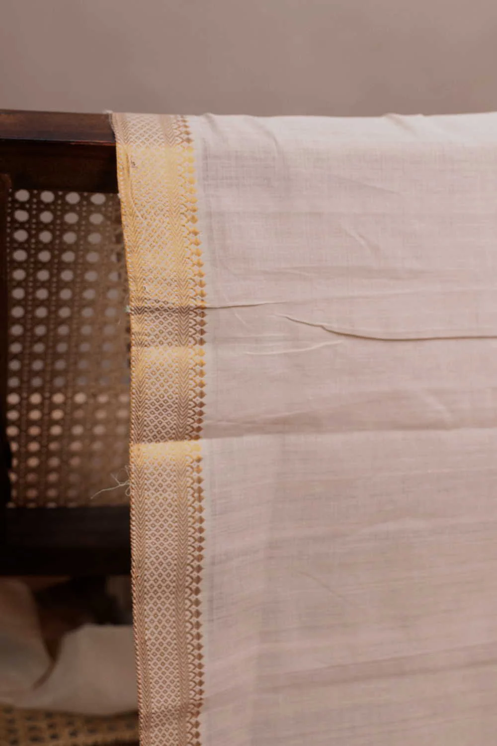 Beige Bordered Beige Mangalagiri Cotton Fabric - Image 3