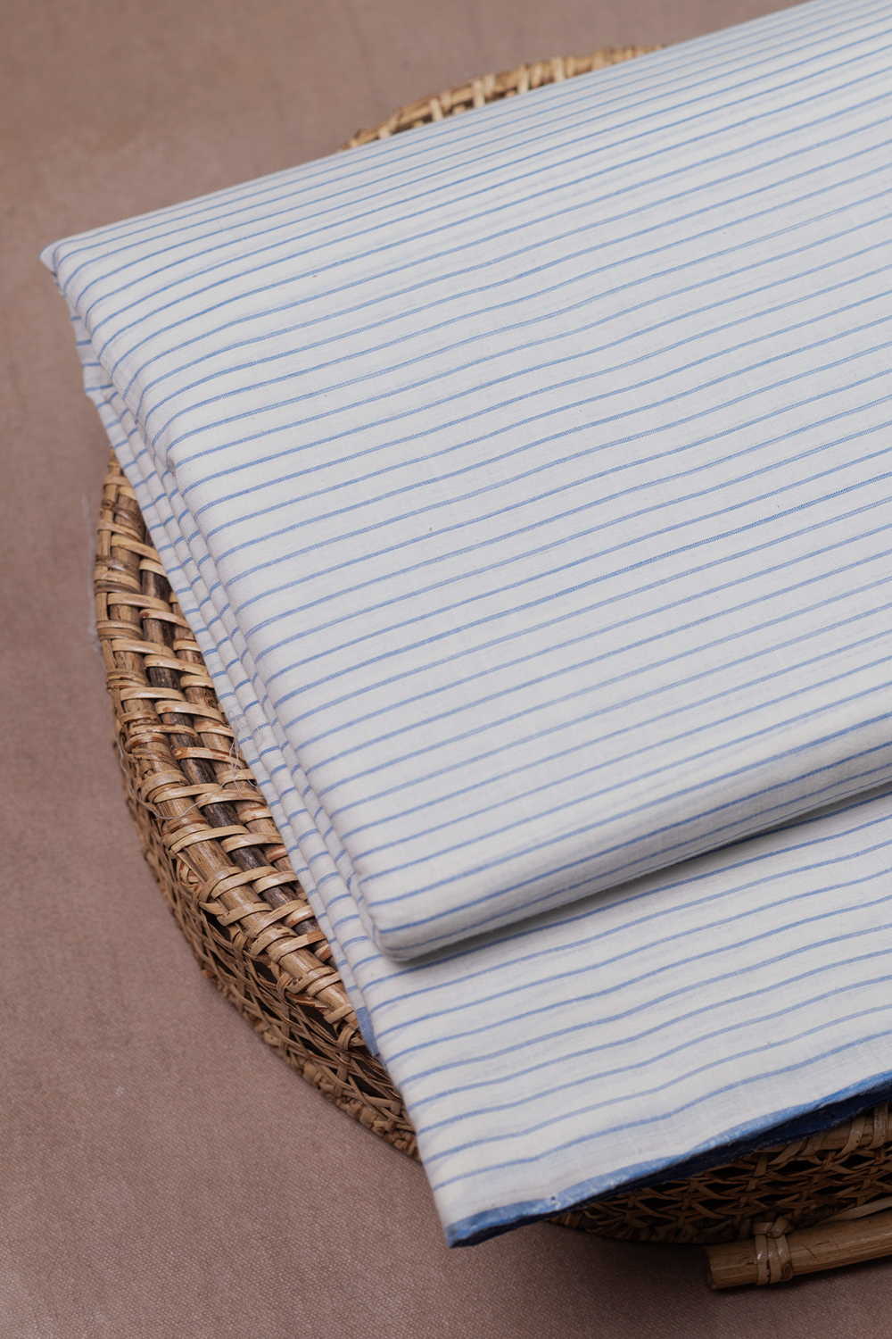 Blue Stripes on Cream Mangalagiri Cotton Fabric