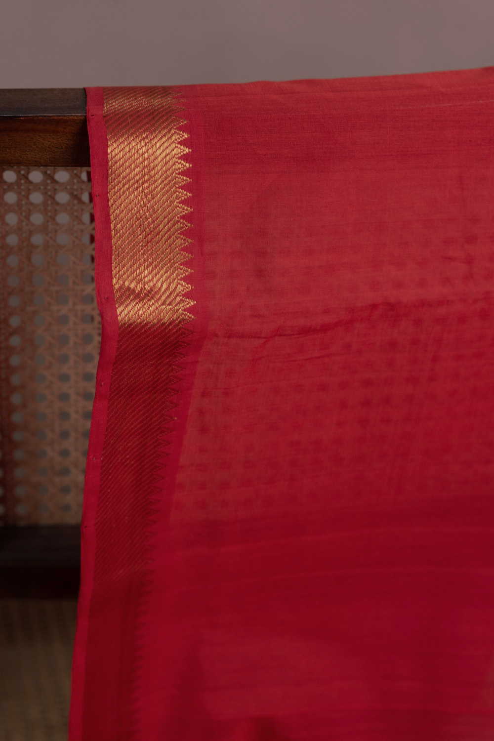 Bright Red Mangalagiri Border Cotton Fabric - Image 2