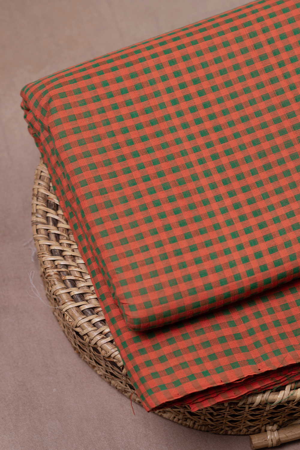 Orange-Green Boddu Checks Cotton Fabric