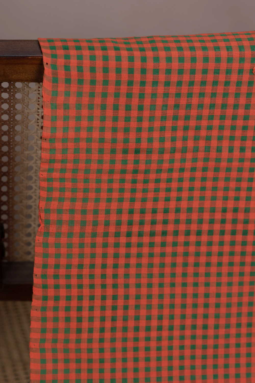 Orange-Green Boddu Checks Cotton Fabric - Image 2