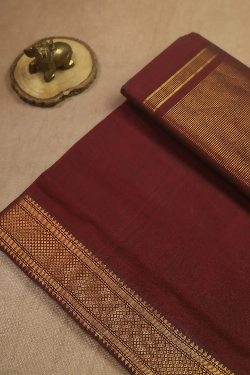 Deep Maroon - Plain Gold Zari Mangalagiri Cotton saree