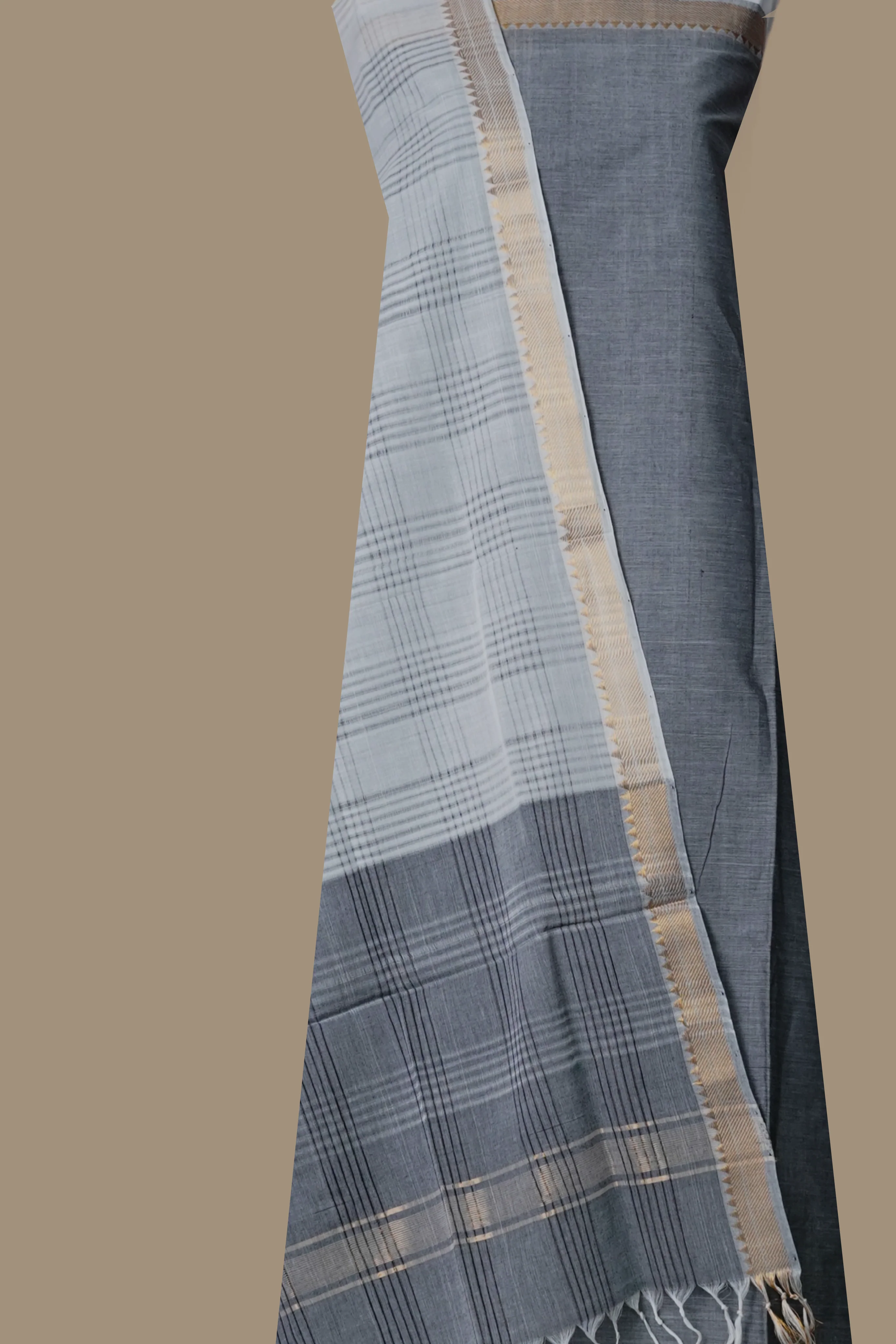 Grey with White Mangalagiri Cotton Suit - Image 3