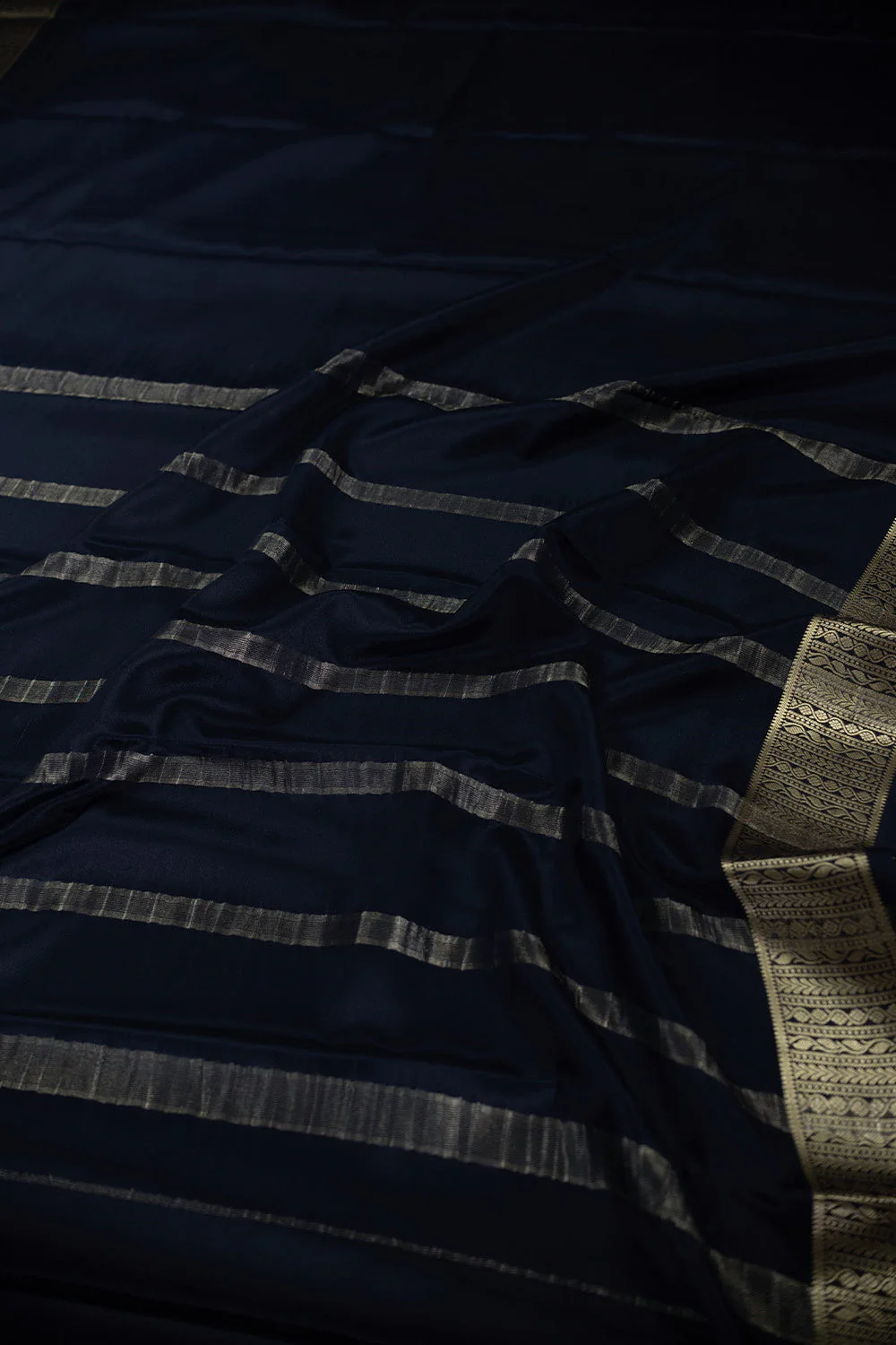 Bluish Black with Zari Border Pure Mysore Silk saree - Image 3
