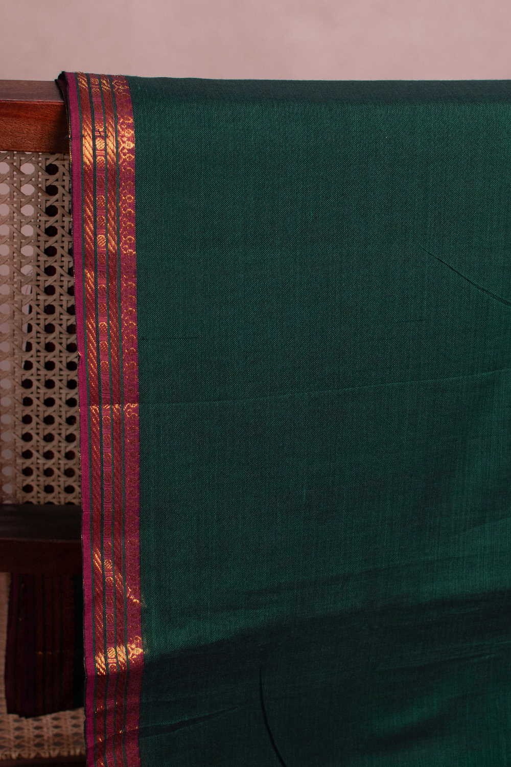 Bottle Green with Gold Zari Border Narayanpet Cotton Fabric - Image 2