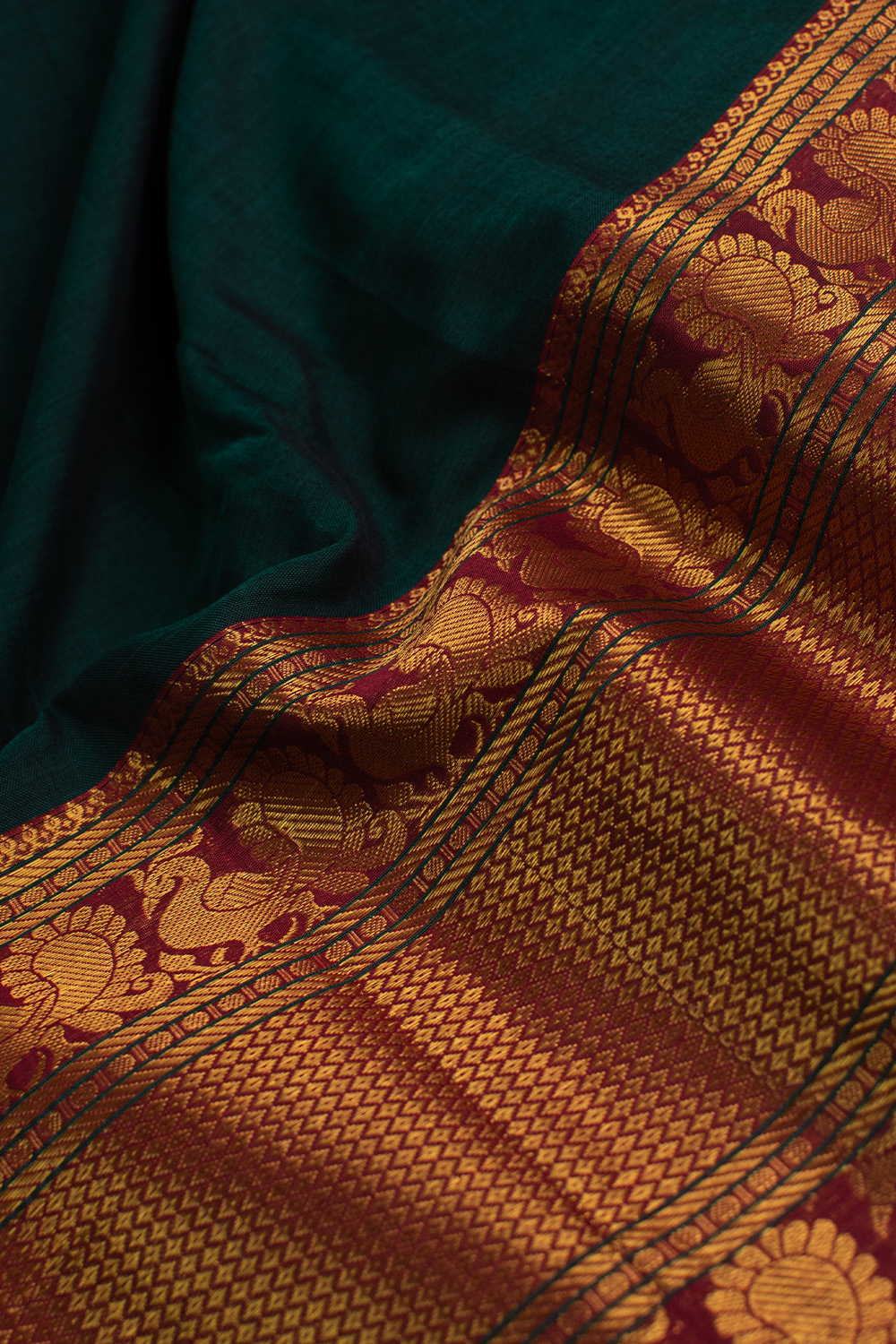 Bottle Green with Gold Zari Border Narayanpet Cotton Fabric - Image 3