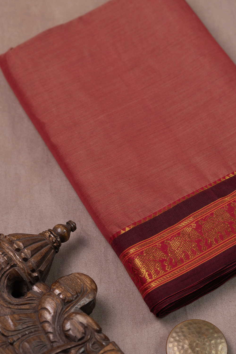 Dark Peach Narayanpet Border Cotton Fabric