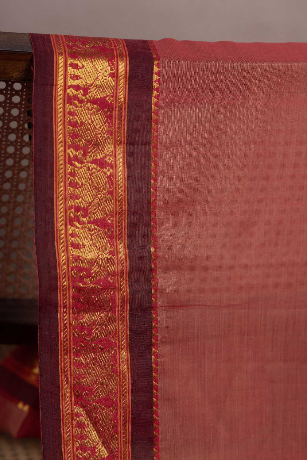 Dark Peach Narayanpet Border Cotton Fabric - Image 2