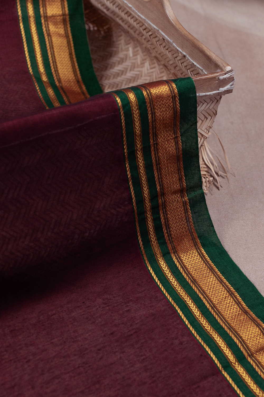Maroon Narayanpet Border Cotton Fabric