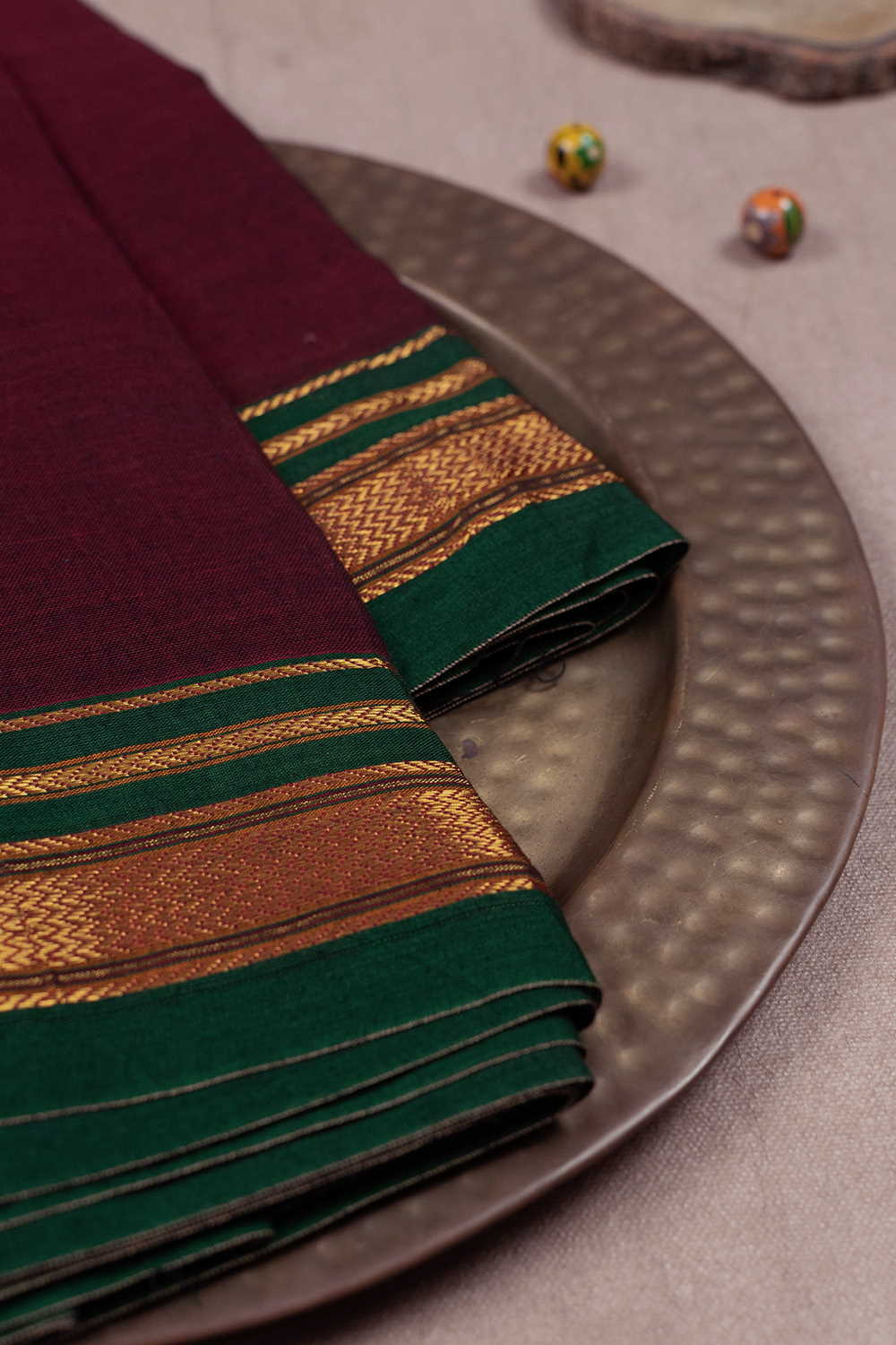 Maroon Narayanpet Border Cotton Fabric - Image 2
