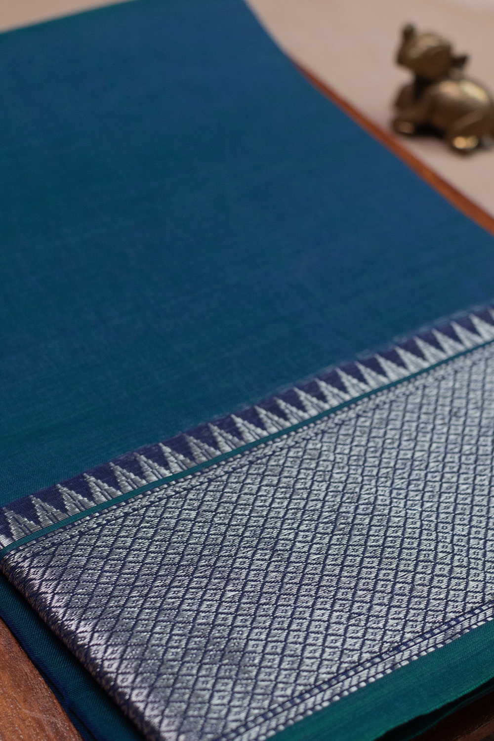 Peacock Blue - Silver Zari Border Narayanpet Cotton saree