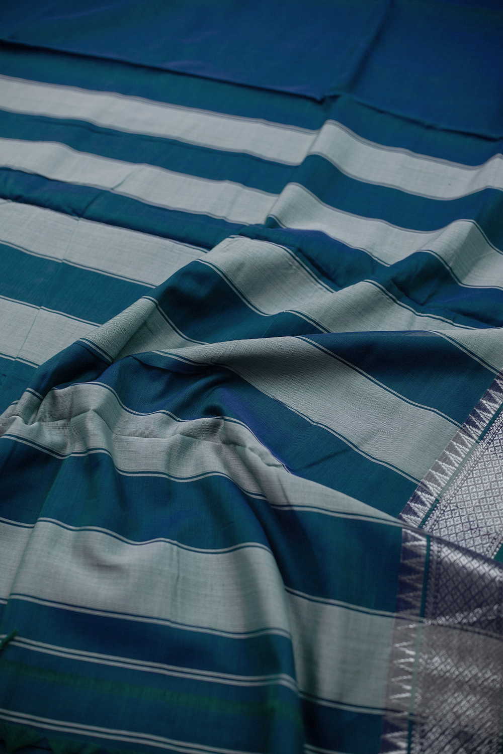 Peacock Blue - Silver Zari Border Narayanpet Cotton saree - Image 3