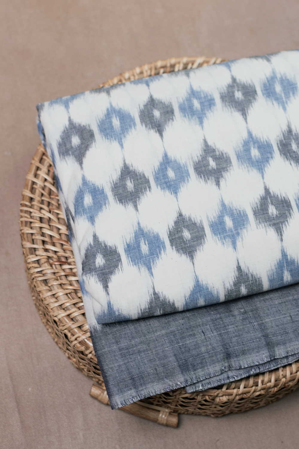 Grey & Blue Motifs Orissa Ikat Cotton Fabric - Image 2