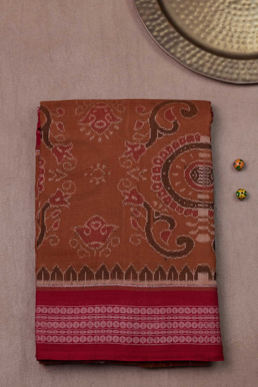 Dark Beige with Maroon Border Orissa Ikat Cotton saree
