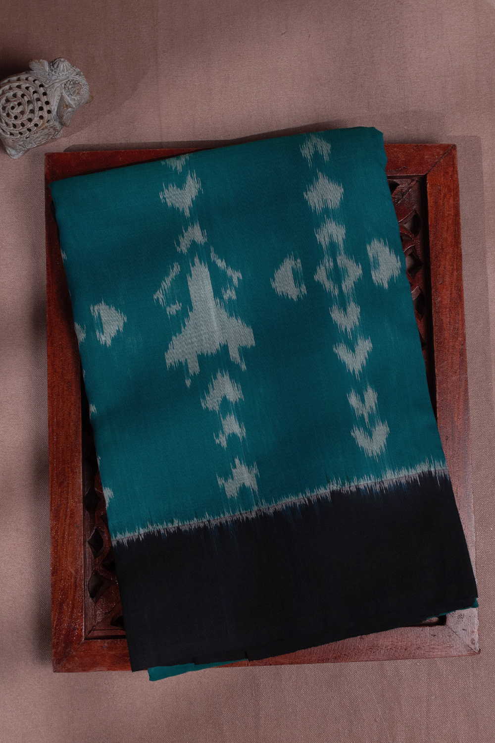 Grey Pattern on Peacock Blue Ikat Cotton saree