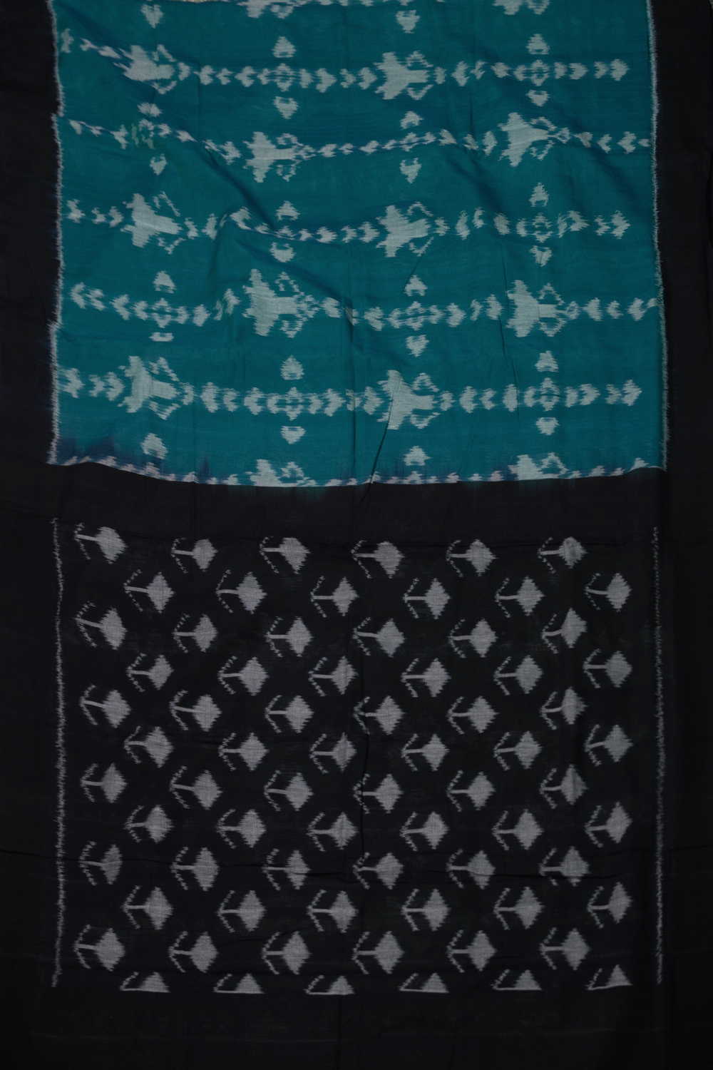 Grey Pattern on Peacock Blue Ikat Cotton saree - Image 2