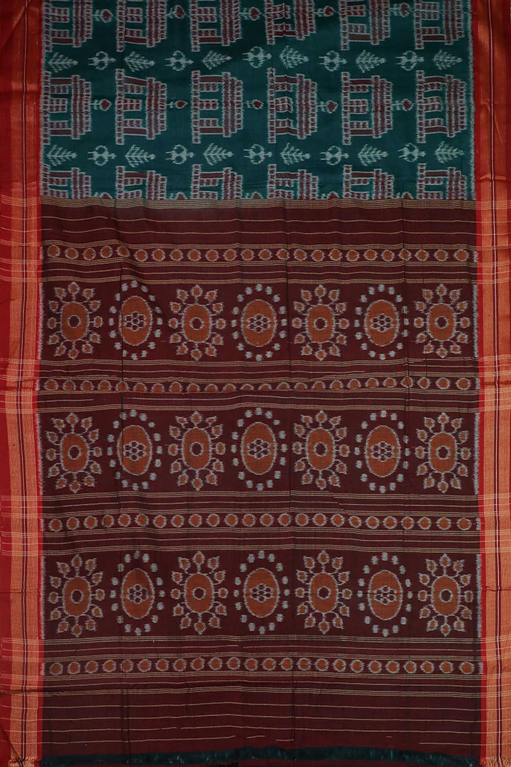 Green with Temple Motif Orissa Ikat Cotton saree - Image 2