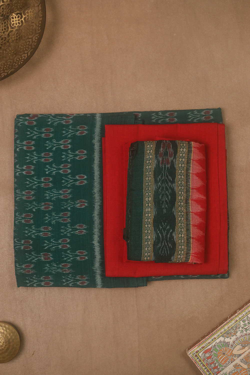 Red Buttas on Green Orissa Ikat Cotton Suit - Image 2