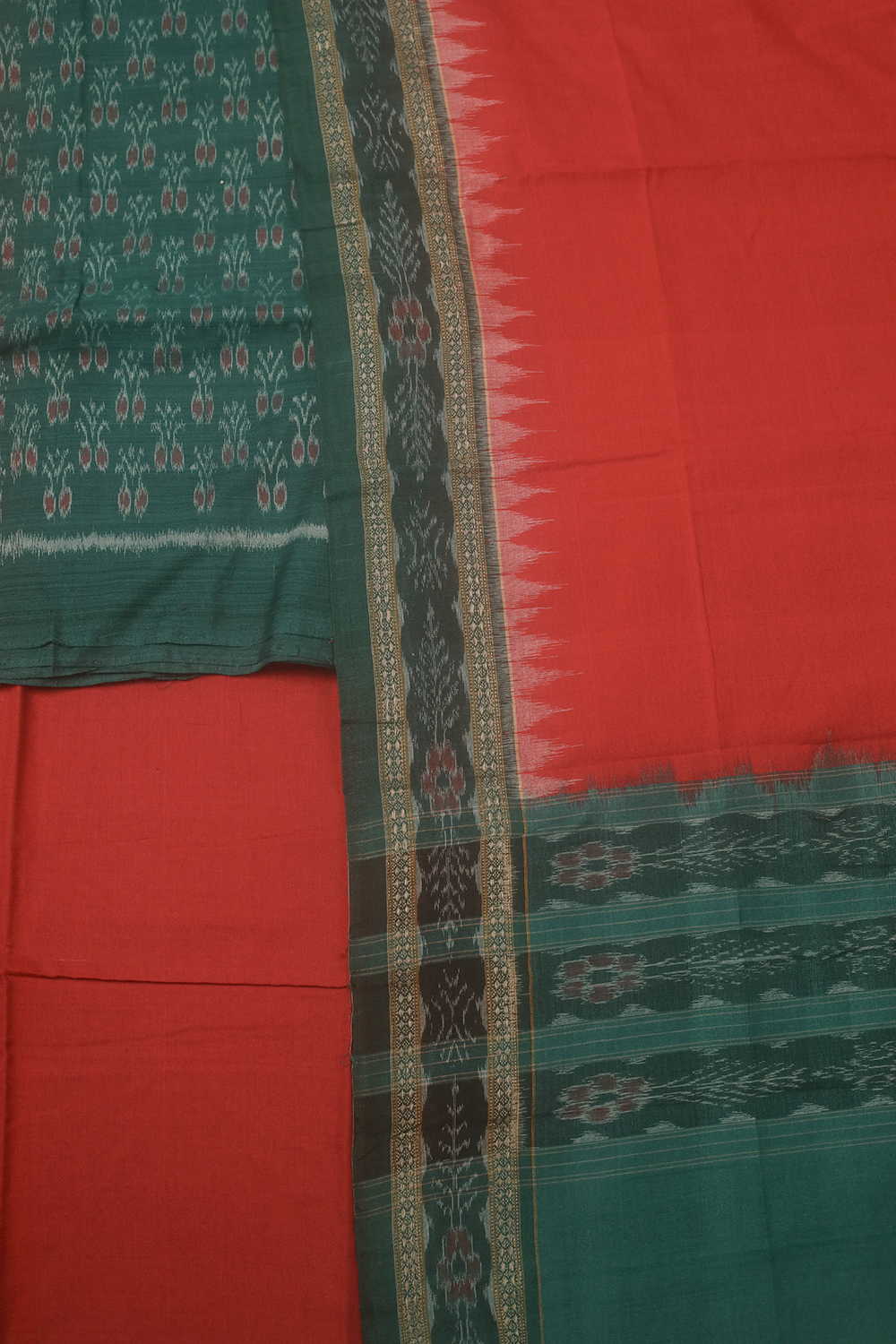 Red Buttas on Green Orissa Ikat Cotton Suit - Image 3